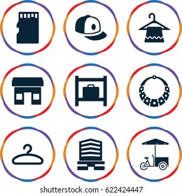 Store icons set. set of 9 store filled icons such as luggage storage, hanger, baseball cap, business center, fast food cart, memory card, necklace