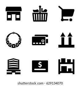 Store icons set. set of 9 store filled icons such as business center, cargo arrow up, shopping cart, shopping bag, storage, necklace, store, credit card