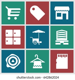 Store icons set. set of 9 store filled icons such as luggage storage, hanger, business center, fast food cart, arrow up, store, memory card, tag