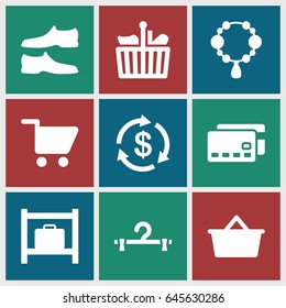 Store icons set. set of 9 store filled icons such as luggage storage, necklace, money, hanger, man shoe, shopping cart, shopping bag