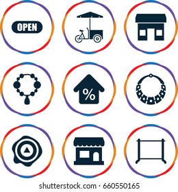 Store icons set. set of 9 store filled icons such as necklace, hanger, fast food cart, arrow up, mortgage, open