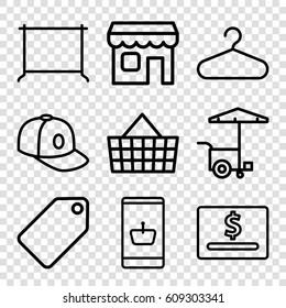 Store icons set. set of 9 store outline icons such as tag, hanger, baseball cap, fast food cart, shop, online shopping, dollar card