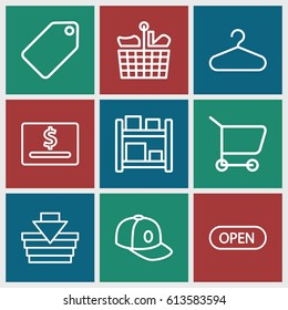 Store icons set. set of 9 store outline icons such as tag, hanger, baseball cap, open, shopping basket, dollar card, shopping cart, shopping bag