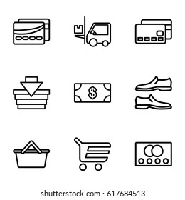 Store icons set. set of 9 store outline icons such as credit card, Money, man shoe, forklift, card, shopping basket, shopping cart