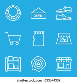 Store icons set. set of 9 store outline icons such as store, man shoe, arrow up, memory card, shop, shopping cart, open plate, necklace