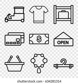 Store icons set. set of 9 store outline icons such as luggage storage, necklace, money, hanger, fast food cart, open plate, t-shirt, shopping basket