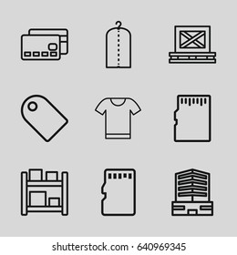Store icons set. set of 9 store outline icons such as clothes on hanger, business center, cargo on palette, memory card, t-shirt, credit card, tag