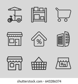 Store icons set. set of 9 store outline icons such as business center, fast food cart, shop, mortgage, store, shopping cart, shopping bag