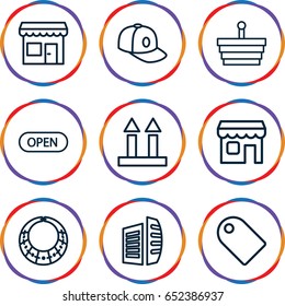 Store icons set. set of 9 store outline icons such as baseball cap, business center, cargo arrow up, shop, open, store, shopping basket, necklace
