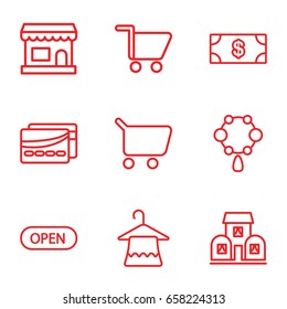 Store icons set. set of 9 store outline icons such as necklace, hanger, money, building, open, card, shopping cart
