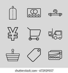 Store icons set. set of 9 store outline icons such as credit card, tag, clothes on hanger, hanger, forklift, card, shopping basket, yuan