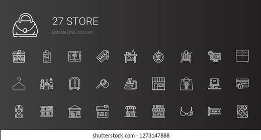 store icons set. Collection of store with bra, food stand, sold, package delivered, box, clerk, shopping bag, receipt, bag, wardrobe, pierrade. Editable and scalable store icons.
