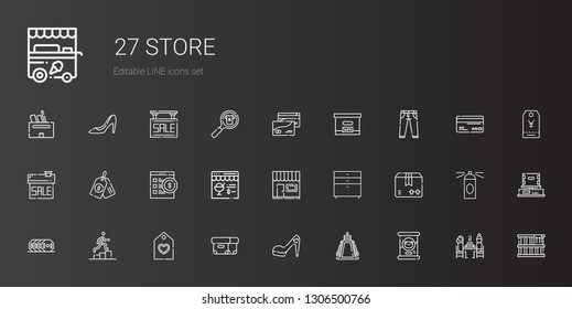 store icons set. Collection of store with cat food, weight, high heels, box, tag, promotion, package, chest of drawers, online shop, price tag. Editable and scalable store icons.