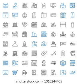 store icons set. Collection of store with credit card, package, online shopping, wishlist, chest of drawers, price, trolley, cart, clerk, sale. Editable and scalable store icons.