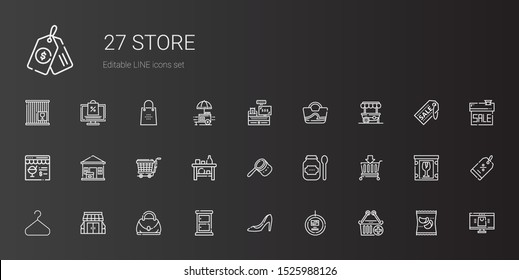 store icons set. Collection of store with e commerce, tag, high heels, chest of drawers, hand bag, stores, hanger, basket, products, bag, shelf. Editable and scalable store icons.