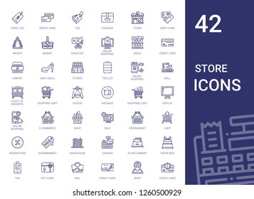 store icons set. Collection of store with price tag, credit card, tag, package, debit card, weight, basket, discount, online shopping, shelf. Editable and scalable store icons.