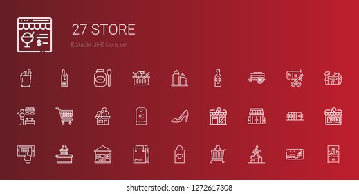 store icons set. Collection of store with promotion, basket, shopping bag, package delivered, supermarket, mobile shopping, stores, high heels. Editable and scalable store icons.