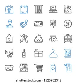store icons set. Collection of store with shopping list, shopping bag, carts, box, cat food, hanger, chest of drawers, products, discount, pants. Editable and scalable store icons.