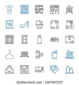 store icons set. Collection of store with silo, debit card, credit card, sale, hand bag, cashier, paper bag, macarons, stock, hanger, package. Editable and scalable store icons.