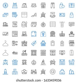 store icons set. Collection of store with silo, hand bag, package, cart, pierrade, bag, box, sold, shelf, promotion, discount, food stand, supermarket gift. Editable and scalable store icons.