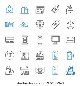 store icons set. Collection of store with weight, tag, online shop, sold, promotions, price, cashier, fragile, package, credit card, display. Editable and scalable store icons.