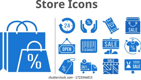 store icons set. included online shop, shopping bag, 24-hours, sale, shop, shirt, price tag, discount, delivery truck, barcode, open, trolley icons. filled styles.