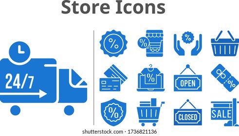 store icons set. included online shop, sale, shopping cart, closed, discount, warranty, shopping-basket, delivery truck, credit card, open icons. filled styles.