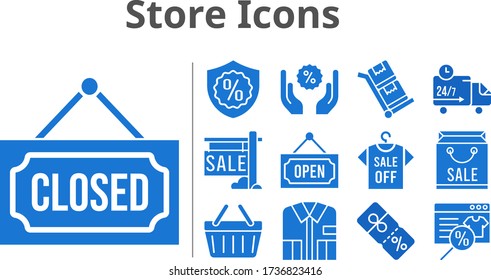 store icons set. included online shop, shopping bag, sale, shirt, discount, closed, warranty, shopping-basket, delivery truck, open, trolley icons. filled styles.