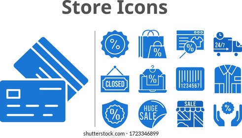 store icons set. included shopping bag, online shop, sale, shop, shirt, discount, closed, warranty, credit card, delivery truck, barcode icons. filled styles.