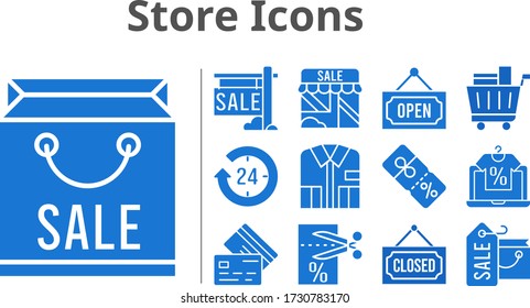 store icons set. included shopping bag, online shop, sale, 24-hours, shop, shirt, voucher, shopping cart, closed, discount, credit card, open icons. filled styles.