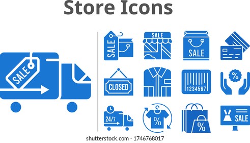 store icons set. included shopping bag, online shop, shirt, shop, closed, discount, delivery truck, credit card, barcode icons. filled styles.