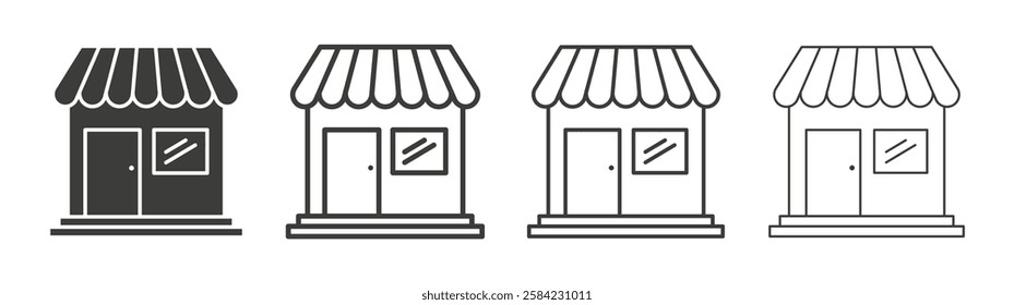 Store icons set. Liner outlined and flat black color