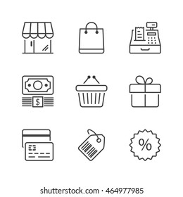 store icons set, thin line, black color