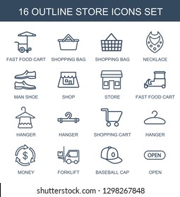 store icons. Trendy 16 store icons. Contain icons such as fast food cart, shopping bag, necklace, man shoe, shop, hanger, shopping cart, Money. store icon for web and mobile.