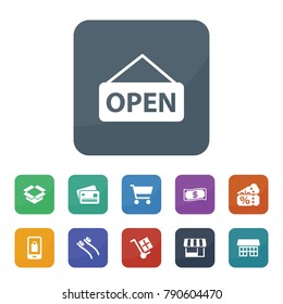 Store icons. vector collection filled store icons such as toothbrush, dollar money, open, shopping cart, add to cart, mobile shopping, sale ticket, packaging