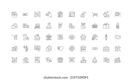 Almacenar ideas, iconos lineales, conjunto de señales de línea, colección de vectores