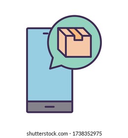 store inside bubble and smartphone line and fill style icon design, Delivery logistics transportation and shipping theme Vector illustration