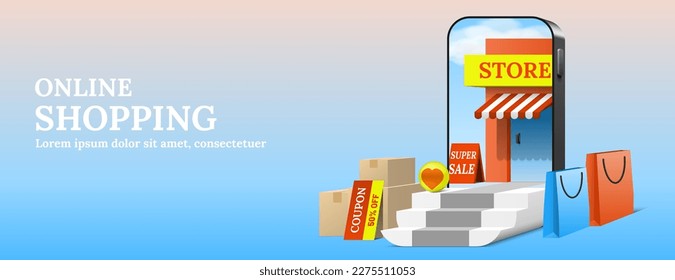 Store inside smartphone behind stairs with parcel packaging boxes shopping bags and coupon