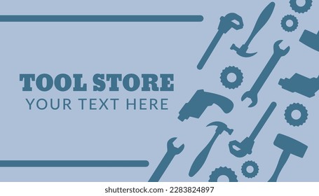 Almacenar con instrumentos y herramientas, plantilla de tarjeta de visita con espacio de copia y detalles de la empresa. Comprar y comprar kit para mantenimiento y reparación en casa y casa. Vector de estilo plano