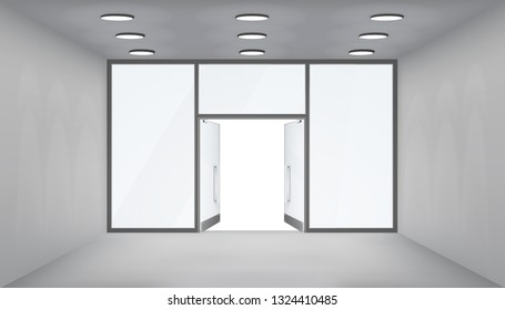 Store interior open doors shop 3d empty space light realistic windows space template mockup background vector illustration