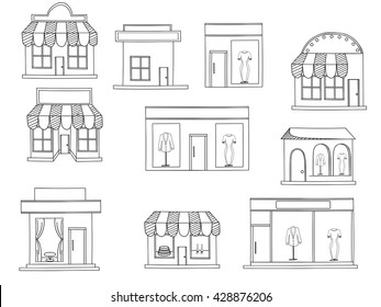 Almacenar aislado en la ilustración vectorial de fondo blanco. Tiendas y supermercados iconos decorativos planos establecidos aislados