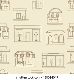 Store isolated on white background vector illustration seamless retro. Shops and supermarket buildings flat decorative icons set isolated