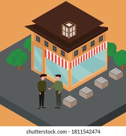 Almacenar con concepto de vista isométrica. Diseño creativo de ideas. Vector plano para plantilla, folleto o presentación.
