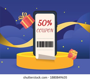 store issues a 50 percent discount coupon for a year-end gift illustration set. cloud, present, win, sky. Vector drawing. Hand drawn style.