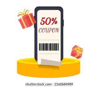 store issues a 50 percent discount coupon for a year-end gift illustration set. shopping, present, ticket, bar code. Vector drawing. Hand drawn style.