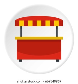 Store kiosk with red and yellow striped awning icon in flat circle isolated on white vector illustration for web