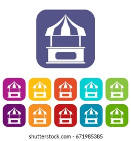 Store kiosk with striped awning icons set vector illustration in flat style In colors red, blue, green and other
