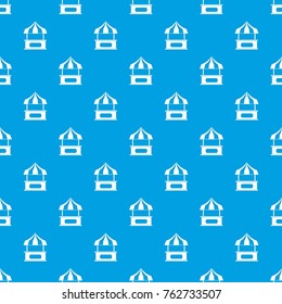 Store kiosk with striped awning pattern repeat seamless in blue color for any design. Vector geometric illustration