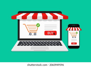 Store in laptop and mobile phone. Ecommerce in smartphone or computer. Online shop for sale and buy. Icon of web purchase with cart and cursor for retail product. Supermarket in screen. Vector.