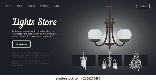 Store with lights, lamps and chandeliers assortment. Choosing illumination from modern designs in internet online. Shopping for home. Website or webpage template, landing page flat style vector